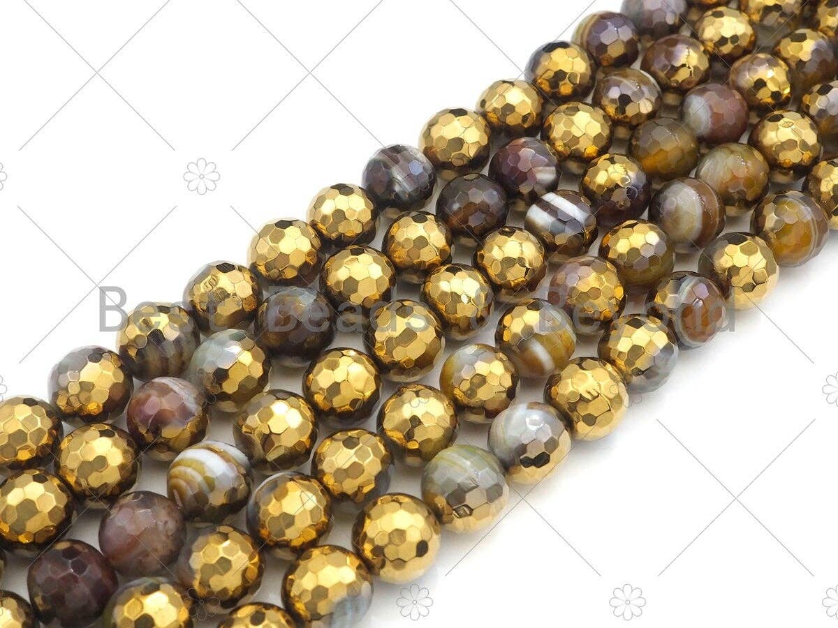 Half Gold Plated Brown Agate Beads, 8mm/10mm/12mm Round Faceted Gold Brown Banded Agate Beads, 15.5 Full Strand, sku# UA138