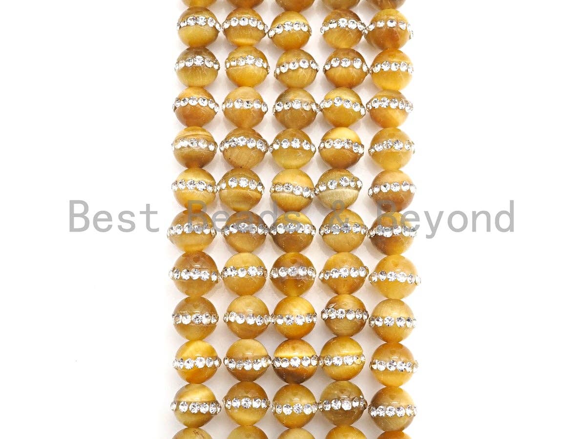 High Quality Golden Tiger Eye with Rhinestone Inlaid, 6mm/8mm/10mm/12mm Rpund Tiger eye Beads, 15.5'' Full Strand, SKU#V54