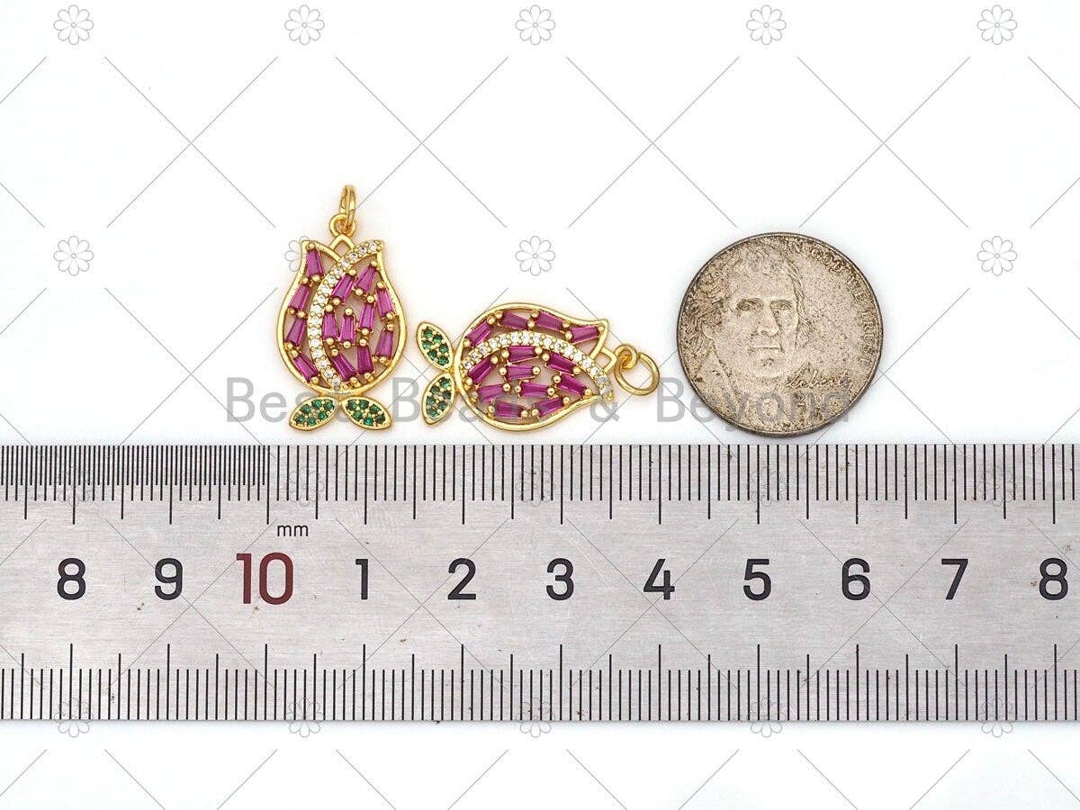 Fuchsia CZ Micro Pave Tulip Flower with Green CZ Leaf Shape Pendant,18K Gold Filled Charm, Necklace Bracele Pendant, 23x14mm, Sku#LK468