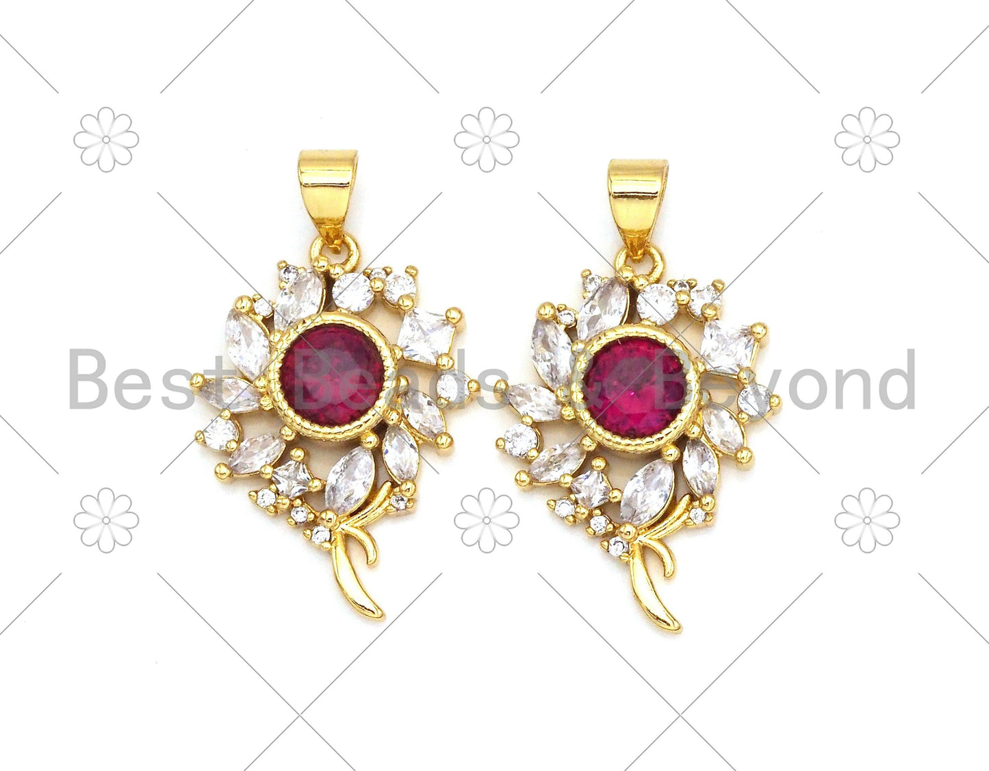 Big Fuchsia CZ Micro Pave Sunflower Shape Pendant, 18K Gold Filled Flower Charm, Big CZ Pave Pendant,17x24mm, Sku#LK373