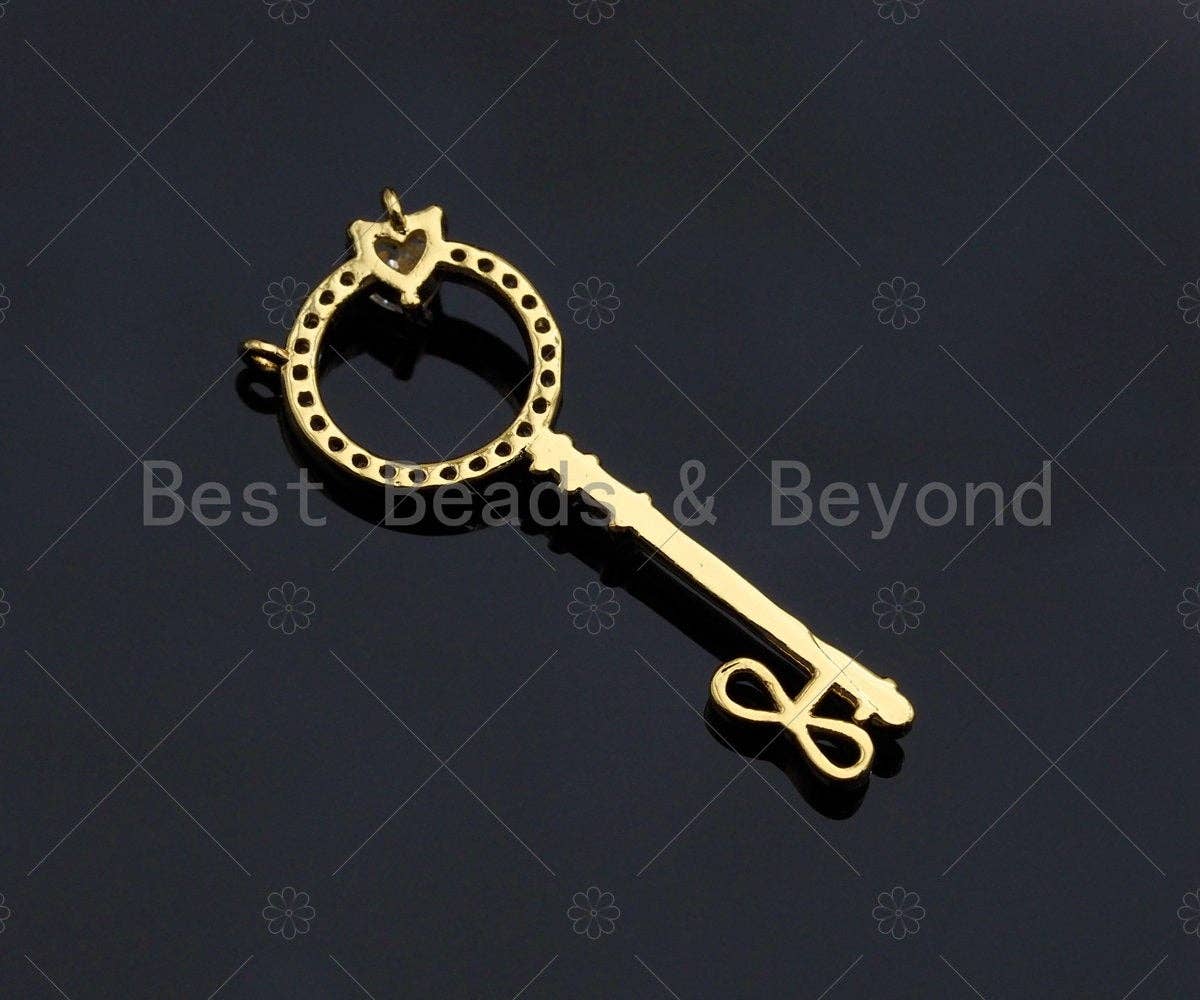 CZ Micro Pave Key With Round Ring Shape Pendant , Gold/Silver/Black/Rose Gold Plated Key, Necklace Bracelet Pendant, 12x33mm,sku#L285