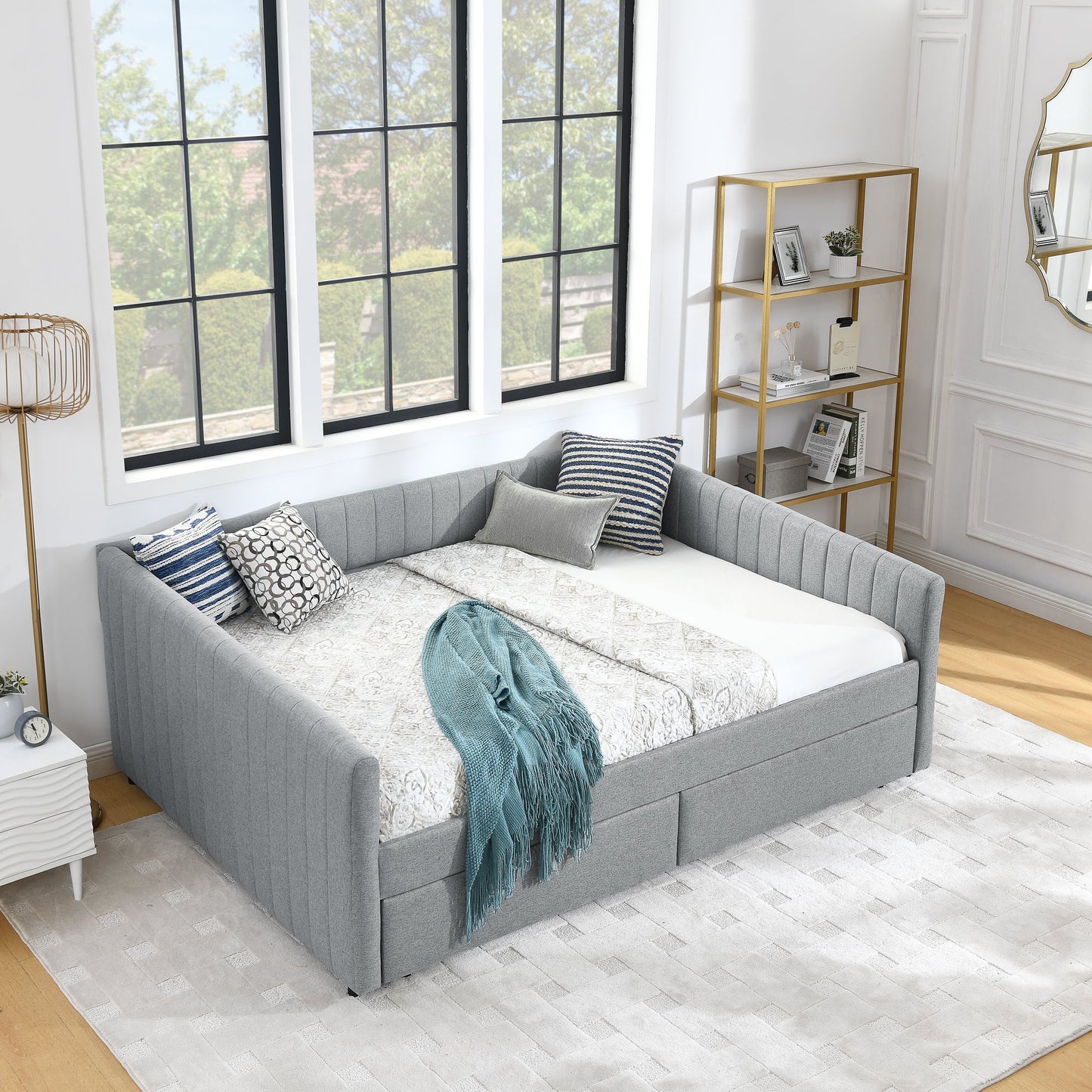 Queen Size Daybed with Two Drawers Trundle Upholstered Sofa Bed