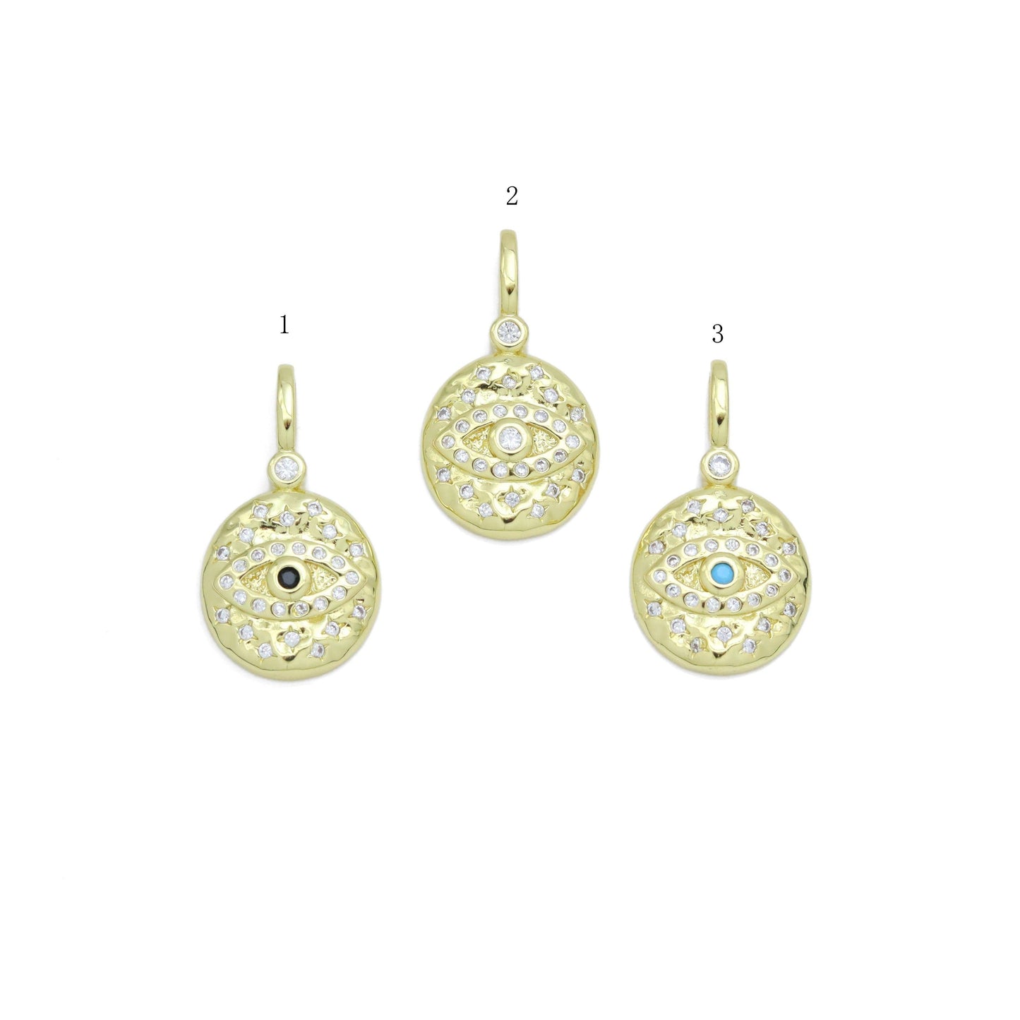 Hammered CZ Pave Evil Eye Coin Charm Pendant, Sku#LX575