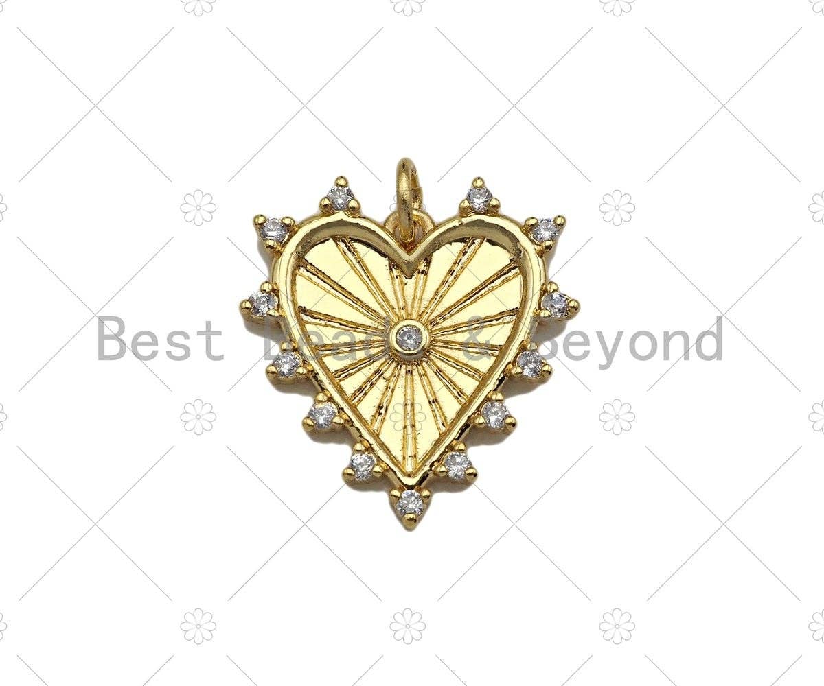 CZ Micro Pave Radial Heart Shape Pendant/Charm,Cubic Zirconia Gold/Silver Charm, Necklace Bracelet Charm Pendant, 19x20mm, Sku#L385
