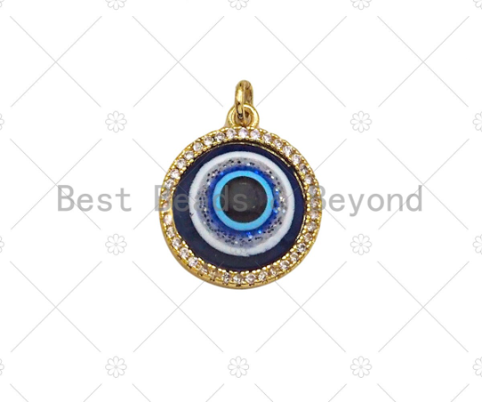 CZ Micro Pave Cobalt Enamel Evil Eye Shape Pendan ,18K Gold Evil eye Charm, Necklace Bracelet Charm Pendant, 18x15mm, Sku#Z1337