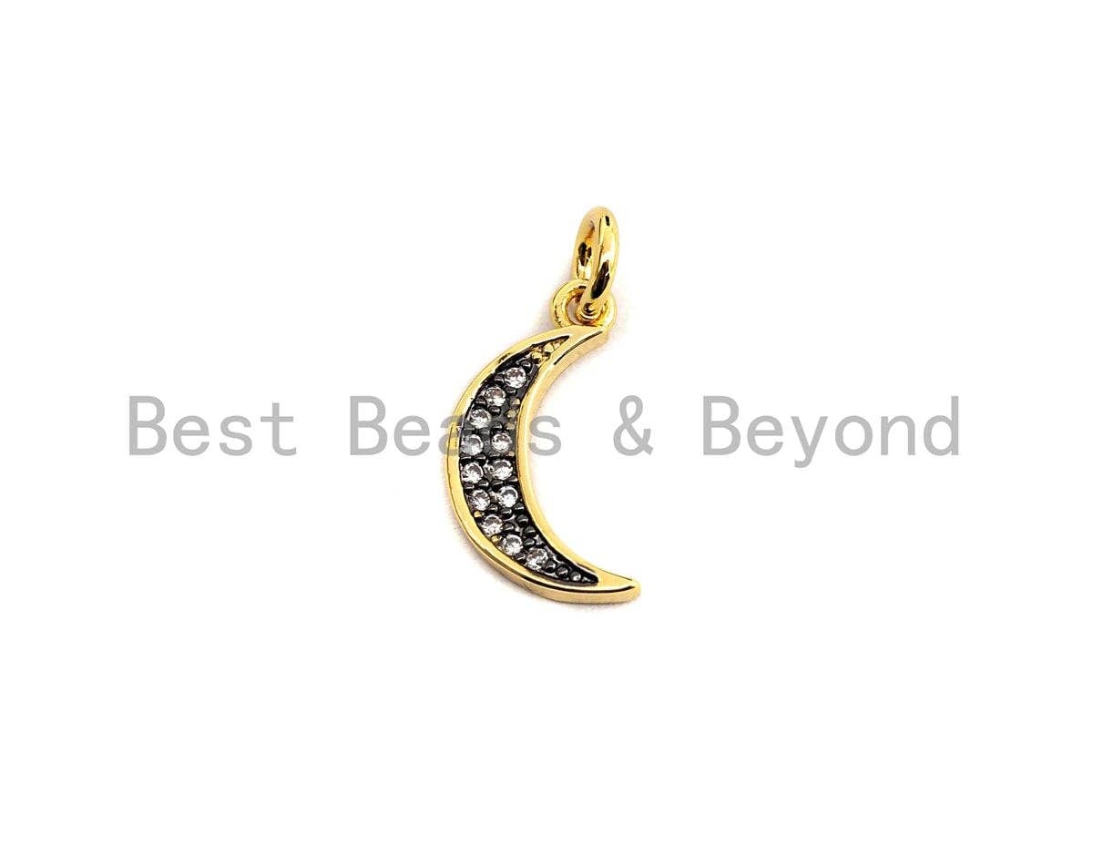 Clear Black CZ Micro Pave Crescent Moon Pendant, Cubic Zirconia Pendant, 24K Gold Tone, 7x14mm, Sku#Z489