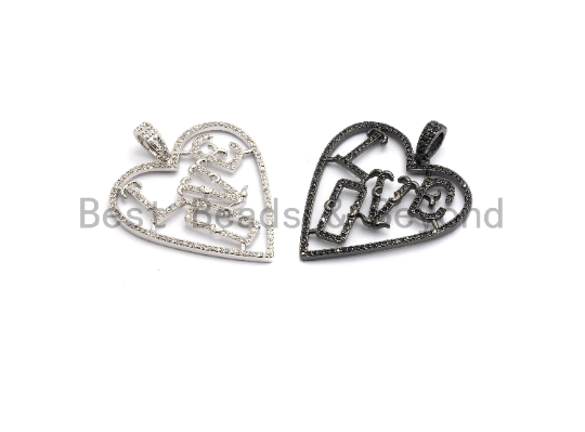 Large CZ Micro Pave Heart LOVE Pendant,Cubic Zirconia Pendant/Charm,Pave Findings, Gold/Black/Silver/Rose Gold,34*37mm, sku#F629C