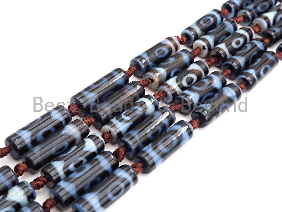 1pc/10pc Natural Tibetan Agate Cylinder Spacer Beads, 10x30mm Blue Black Brown Dzi Eye Spacer Beads, Tibetan Dzi Beads, sku#U864