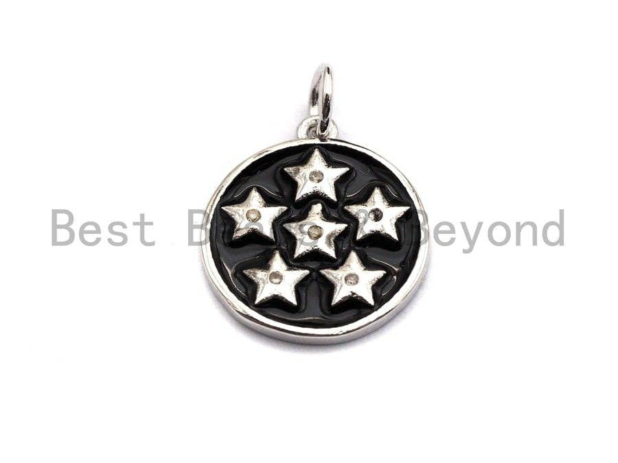 Black Enamel Six Stars on Disc Charms Pendant, Enamel Coin Pendant,Round Enamel, Oil Drop jewelry Findings, 16x20mm,sku#Z372