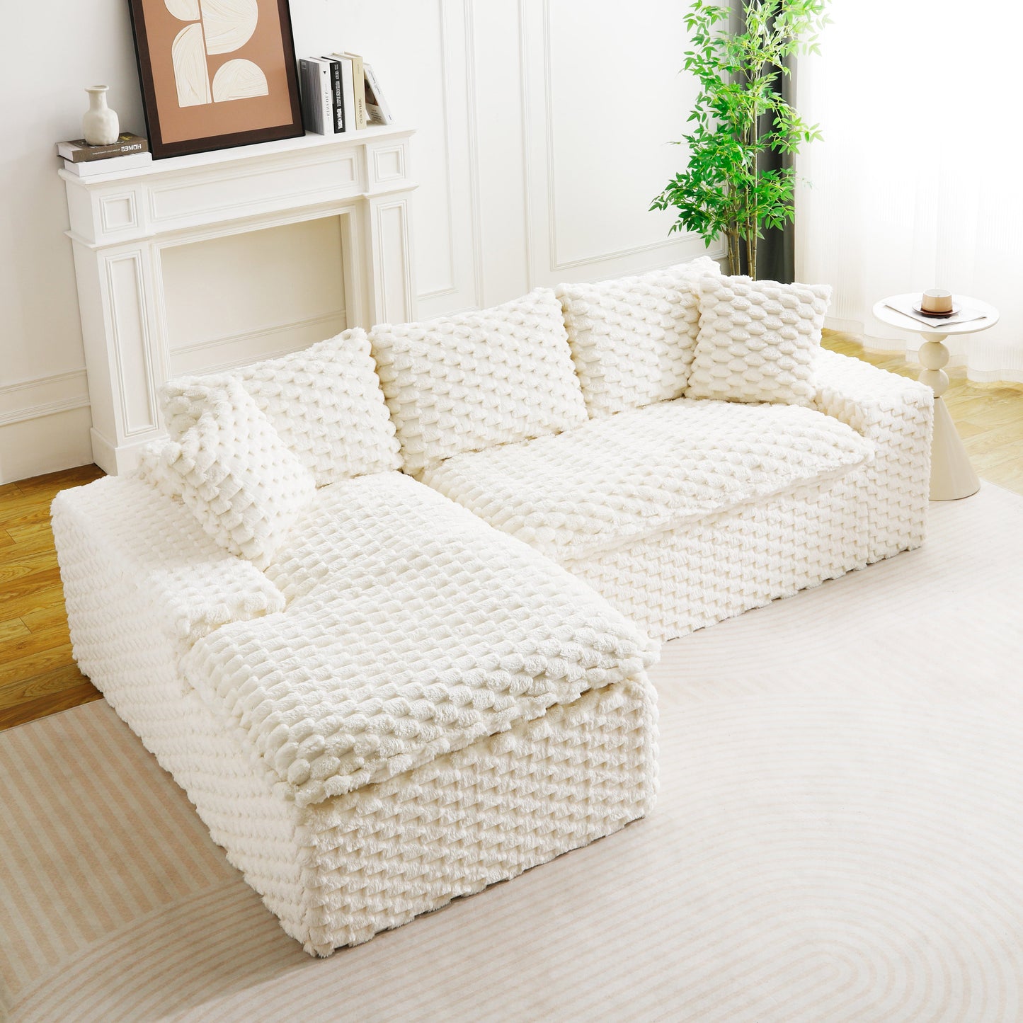 White Turtle Velvet Versatile Sofa: Convertible Twin-Seat with Left Chaise Lounge