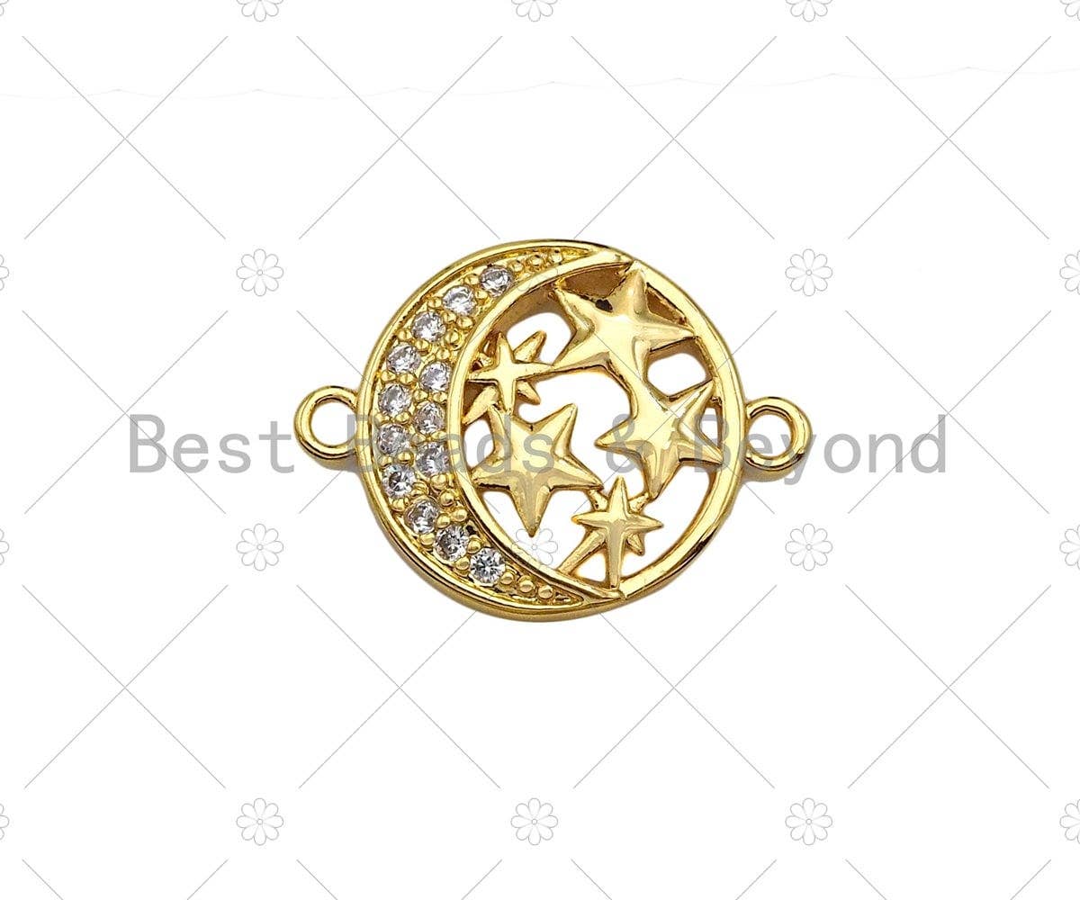 CZ Micro Pave North Star With Cresent Moon Connector, Cubic Zirconia Round Connector, 18k Gold Necklace Bracelet Connector,16x21mm,Sku#LK312