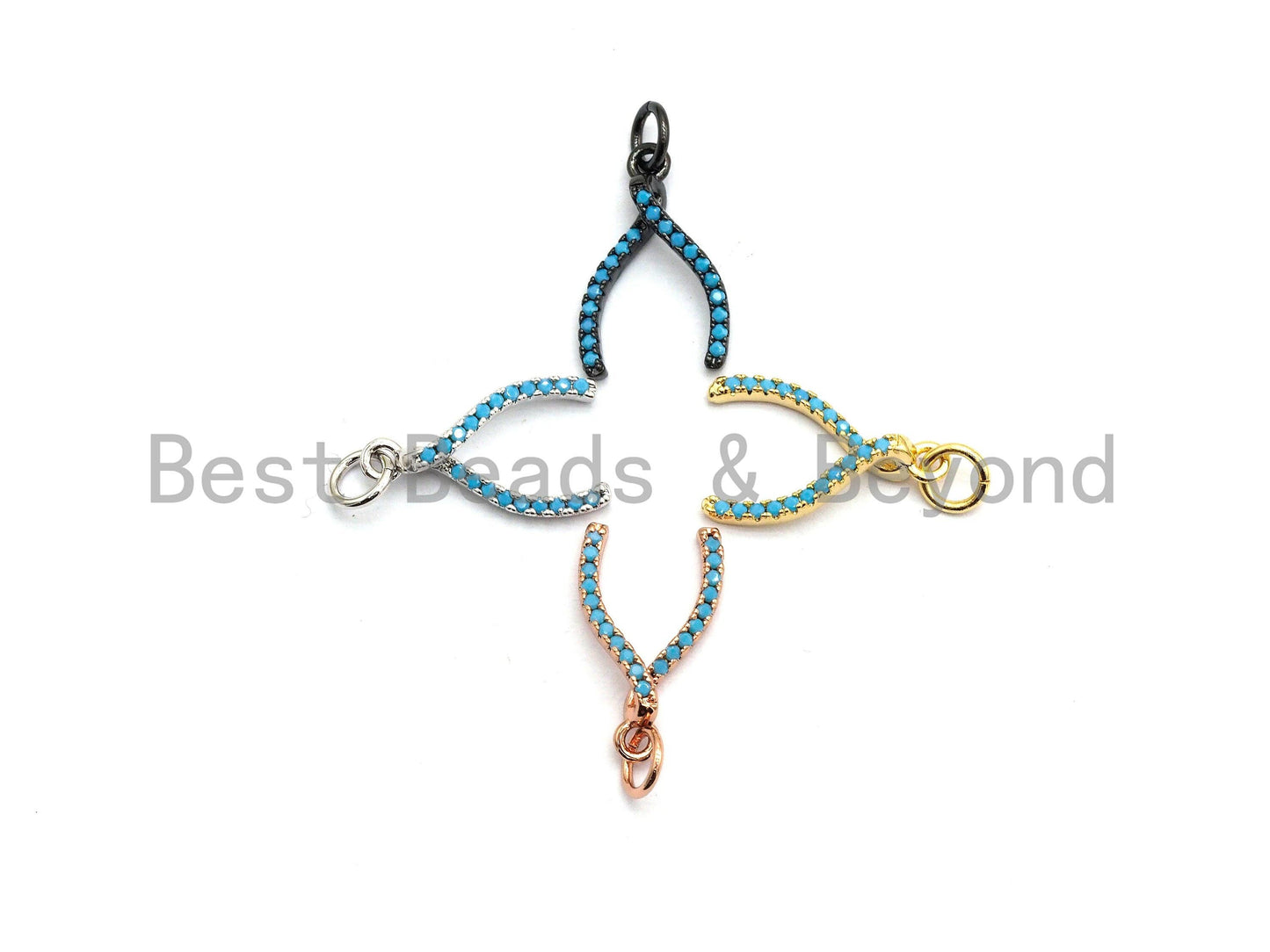 Turquoise CZ Micro Pave Wishbone Charm Pendant for Necklace/Bracelet, Cubic Zirconia Pendant, 10x16mm, sku#Y194