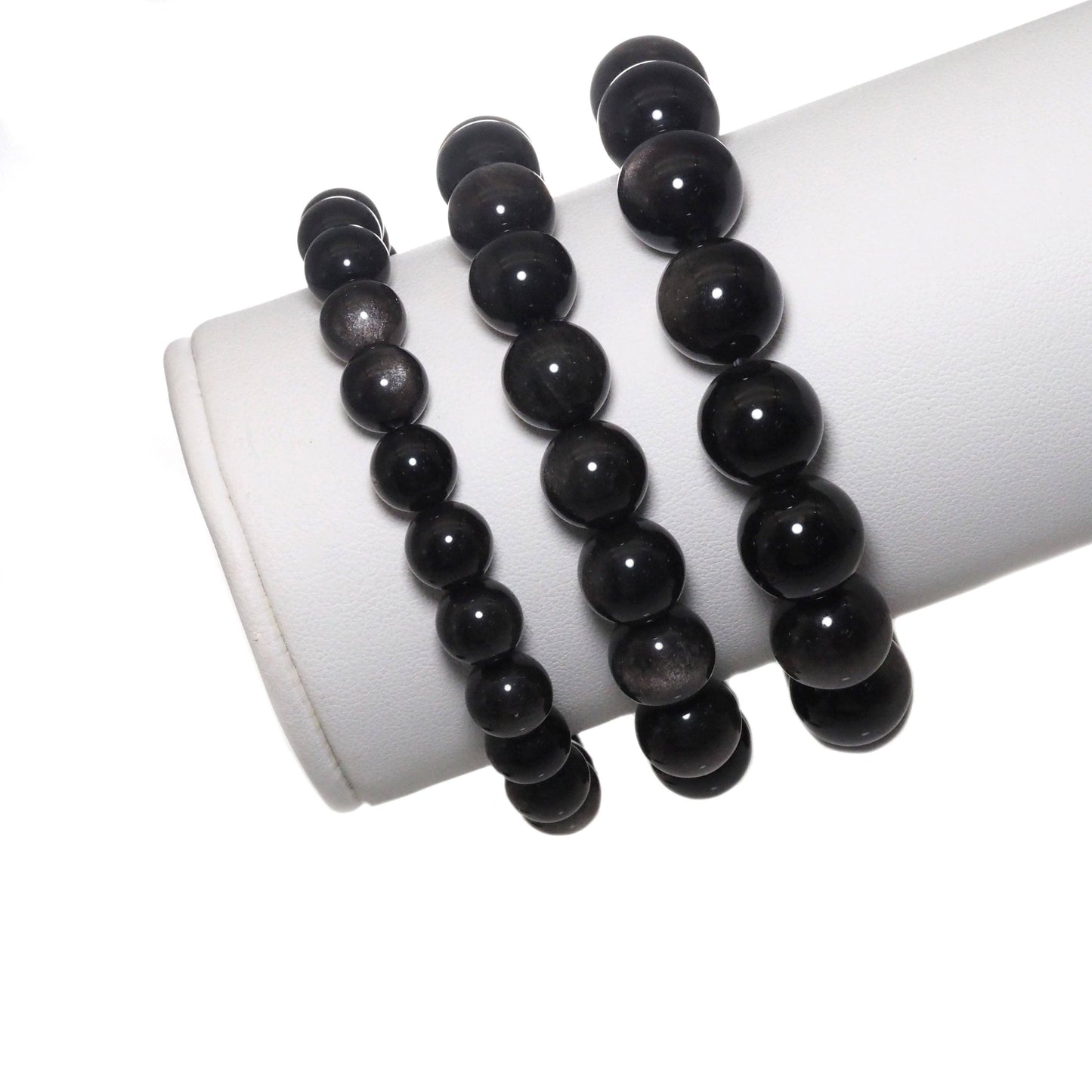 Genuine Silver Obsidian Round Smooth Stretchy Bracelet, 8mm/10mm/12mm, Sku#EF300