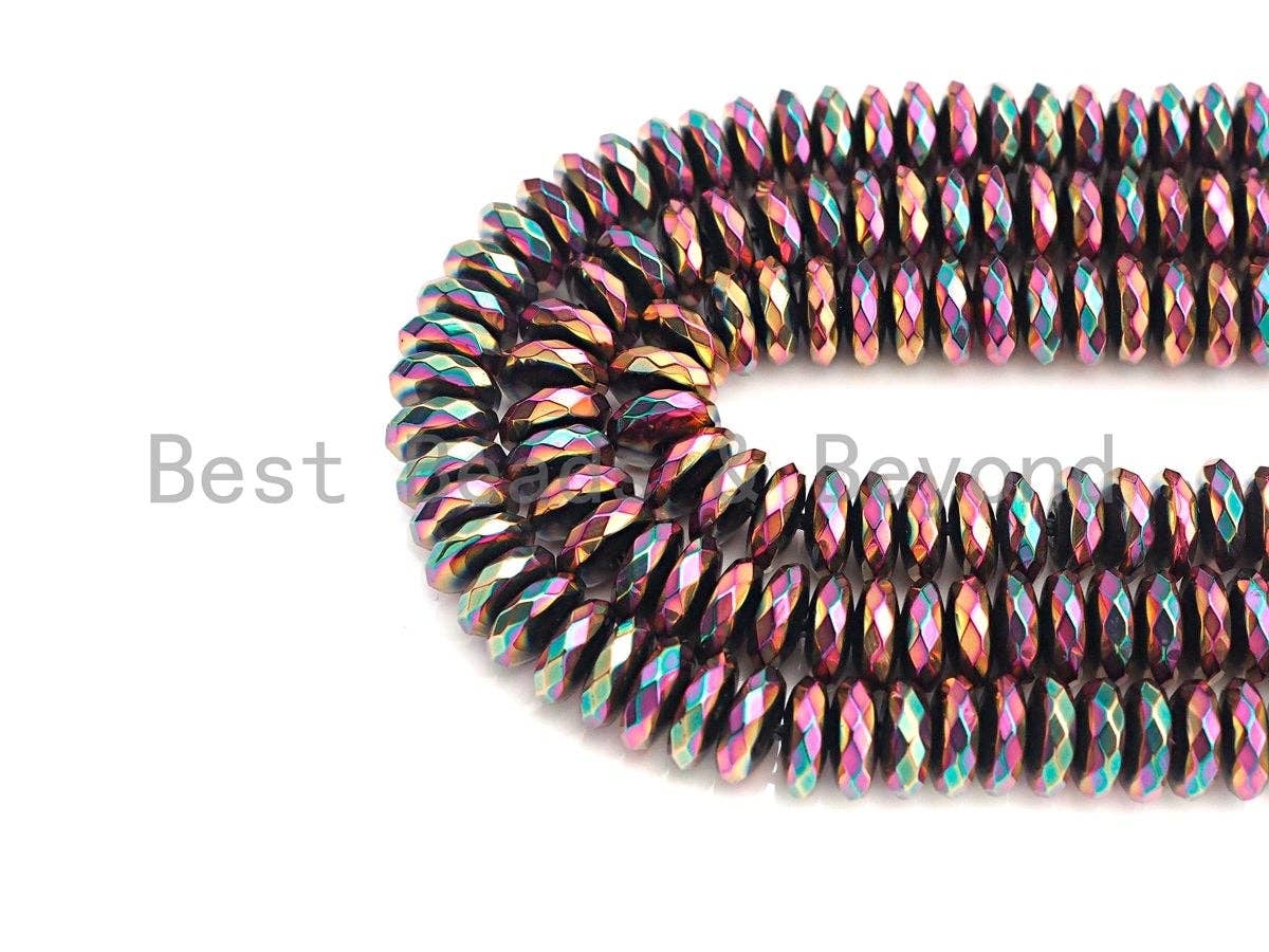 NEW Titanium Red Green Multicolor Hematite, Rondelle Faceted 6mm/8mm/10mm, Natural Hematite beads, 15.5 Full Strand, S127