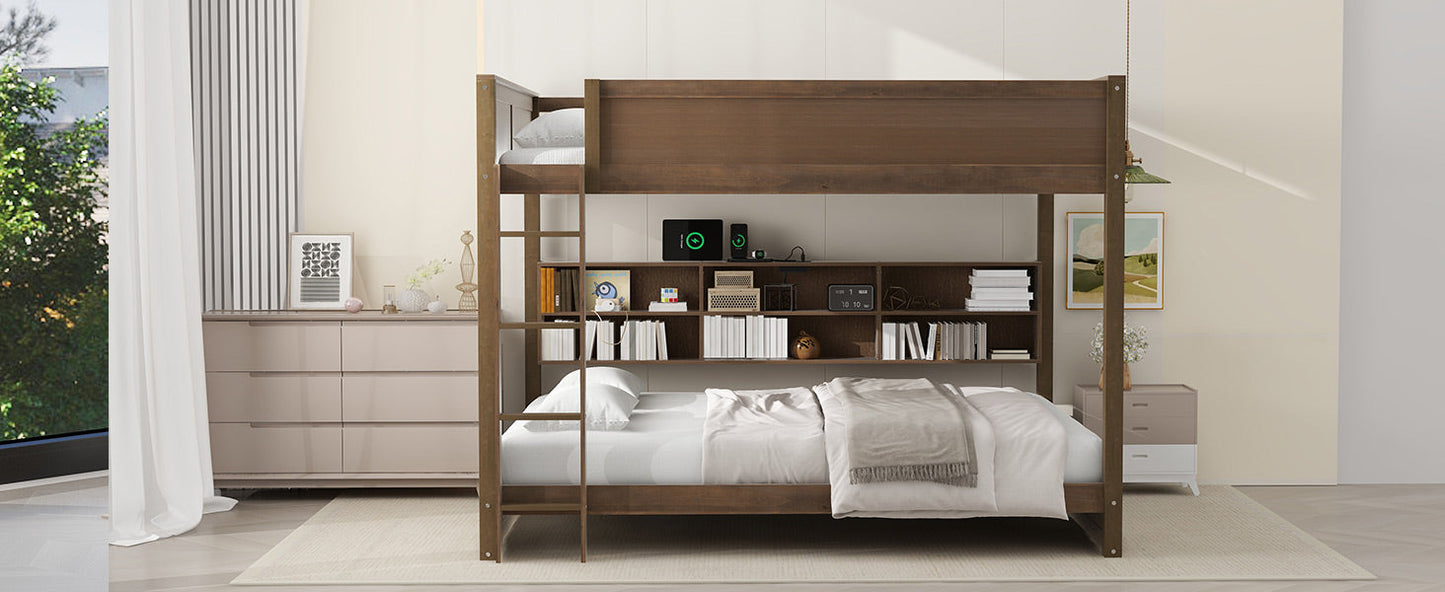 Queen over Queen Bunk Bed with Storage Cabinets and USB Ports