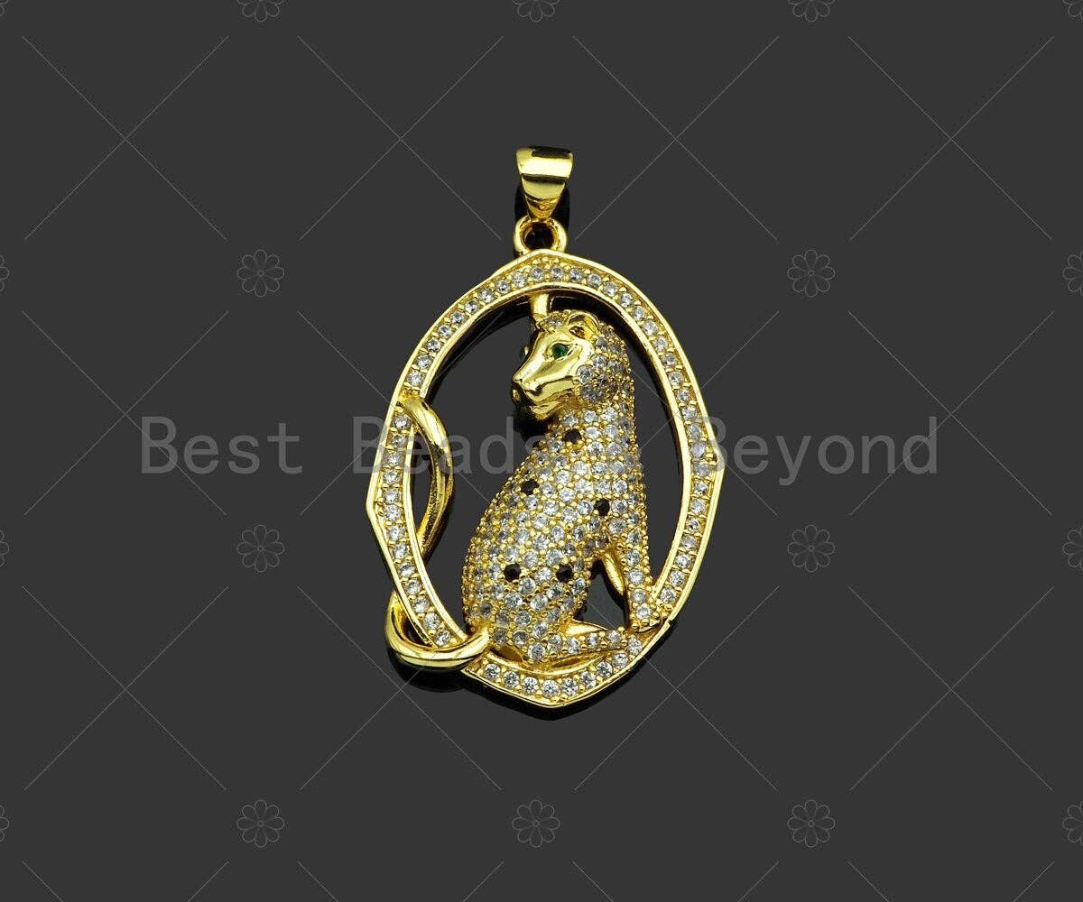 Gold Filled CZ Micro Pave Leopard  On Oval Frame Shape Pendant, 18K Gold Filled Charm, Necklace Bracelet Charm Pendant,23x33mm,Sku#LK357