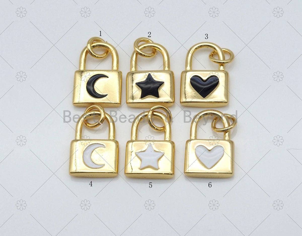 Enamel Cresent Moon/Five Point Star/Heart On Gold Lock Shape Pendant, 18K Gold Filled Lock Charm,Necklace Bracelet Charm,Sku#LK505