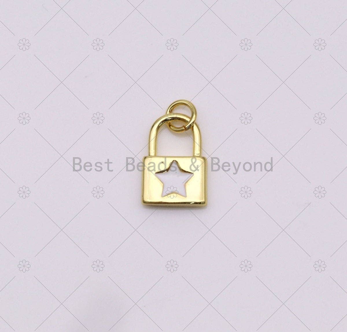 Enamel Cresent Moon/Five Point Star/Heart On Gold Lock Shape Pendant, 18K Gold Filled Lock Charm,Necklace Bracelet Charm,Sku#LK505