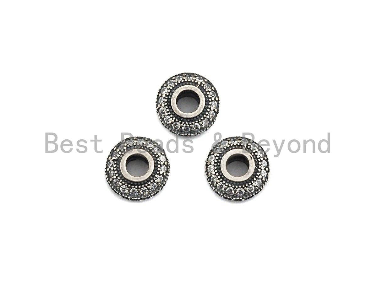 CZ Donut Shaped Micro Pave Space Beads in Antique Silver, Cubic Zirconia Space Beads, Rhidium Rondelle Big hole Beads, 10x5mm, sku#X124