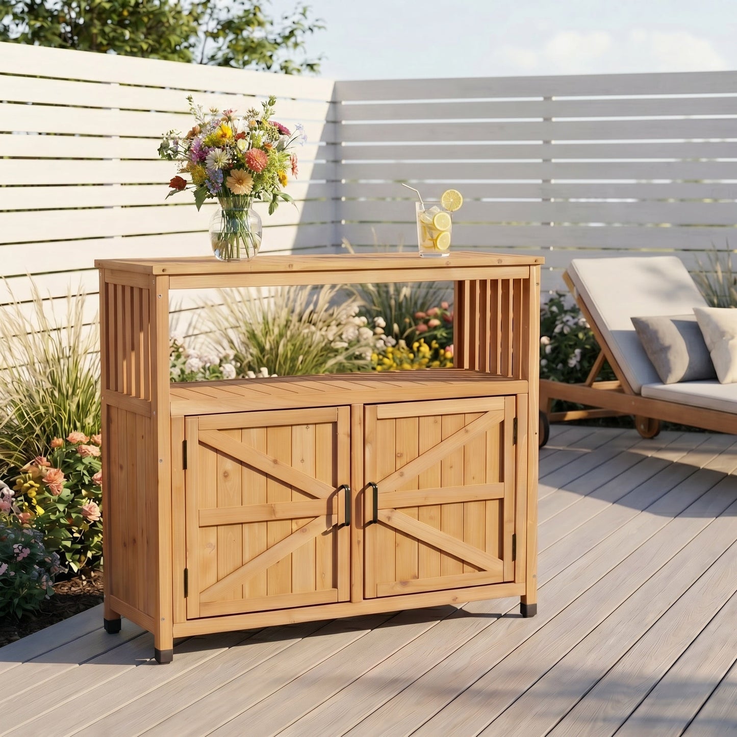 Wooden Patio Bar Table Set with Storage Buffet Cabinet