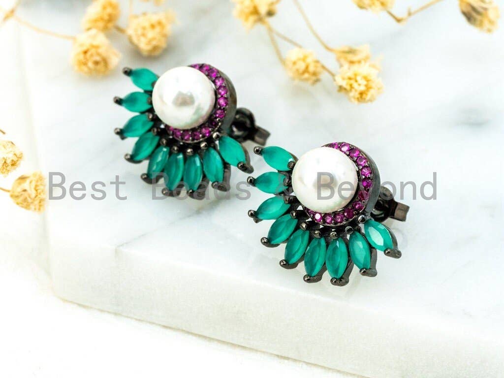 Pearl and CZ Flower Stud Earrings, Sku#O47