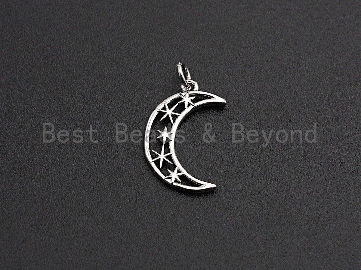 Crescent Moon North Star Hollow Out Pendant, Cubic Zirconia Pendant, Silver/Gold Tone,12x19mm, Sku#Z486