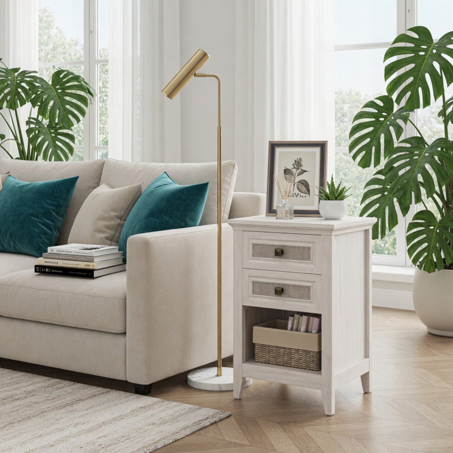 17.7" White Rattan Nightstand