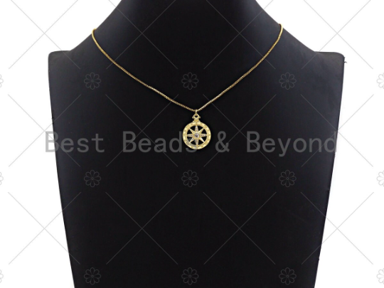 CZ Micro Pave Compass Star On Round Coin Pendant/Charm, Compass Star Cubic Zirconia Charm,Necklace Bracelet Charm Pendant,18x27mm,sku#L434