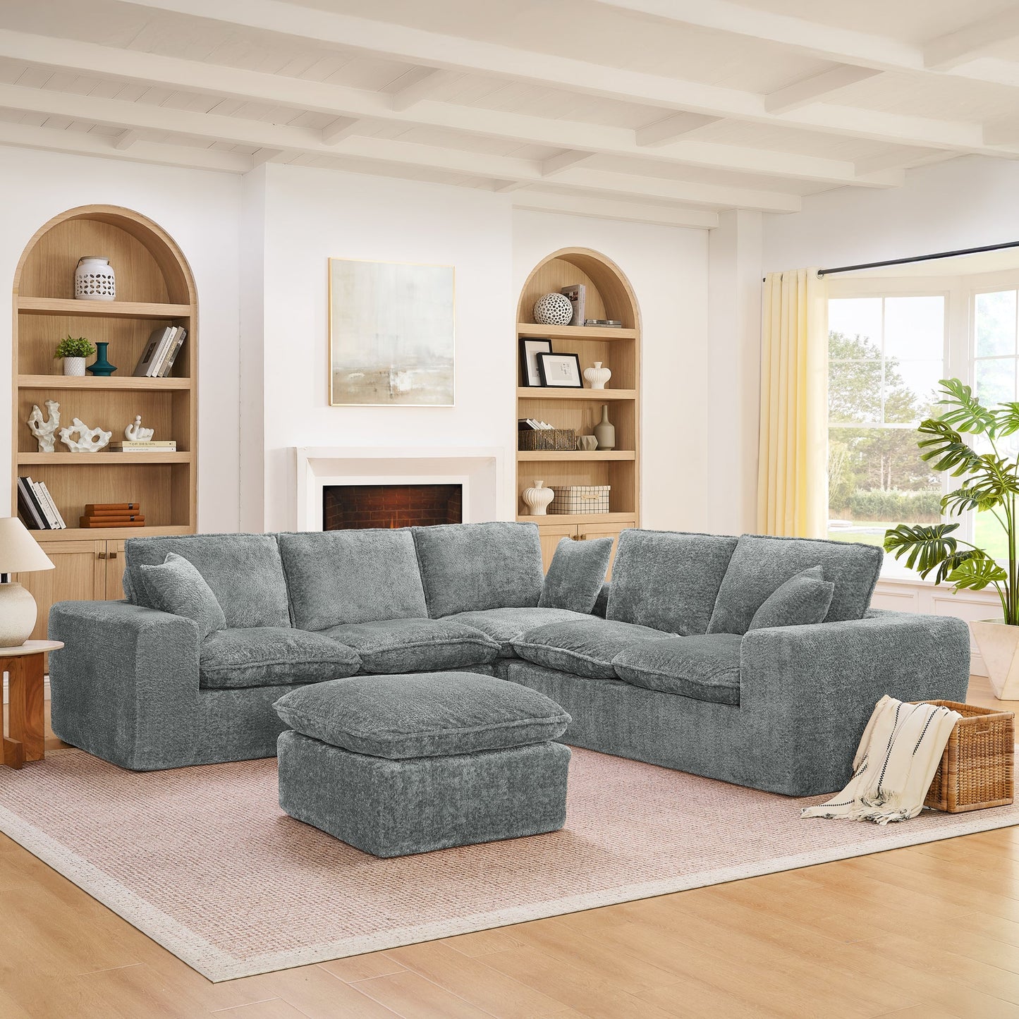 107'' Modern Boucle L-shaped Sectional Sofa with Moveable Ottoman