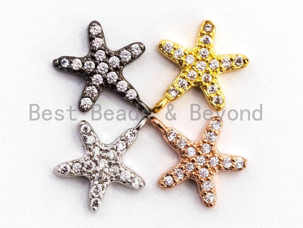CZ Micro Pave Small Starfish Pendant/Charm, Cubic Zirconia Pendant in Gold Rose gold Black Silver, Fashion Jewelry Findings, 9x10mm, sku#B77