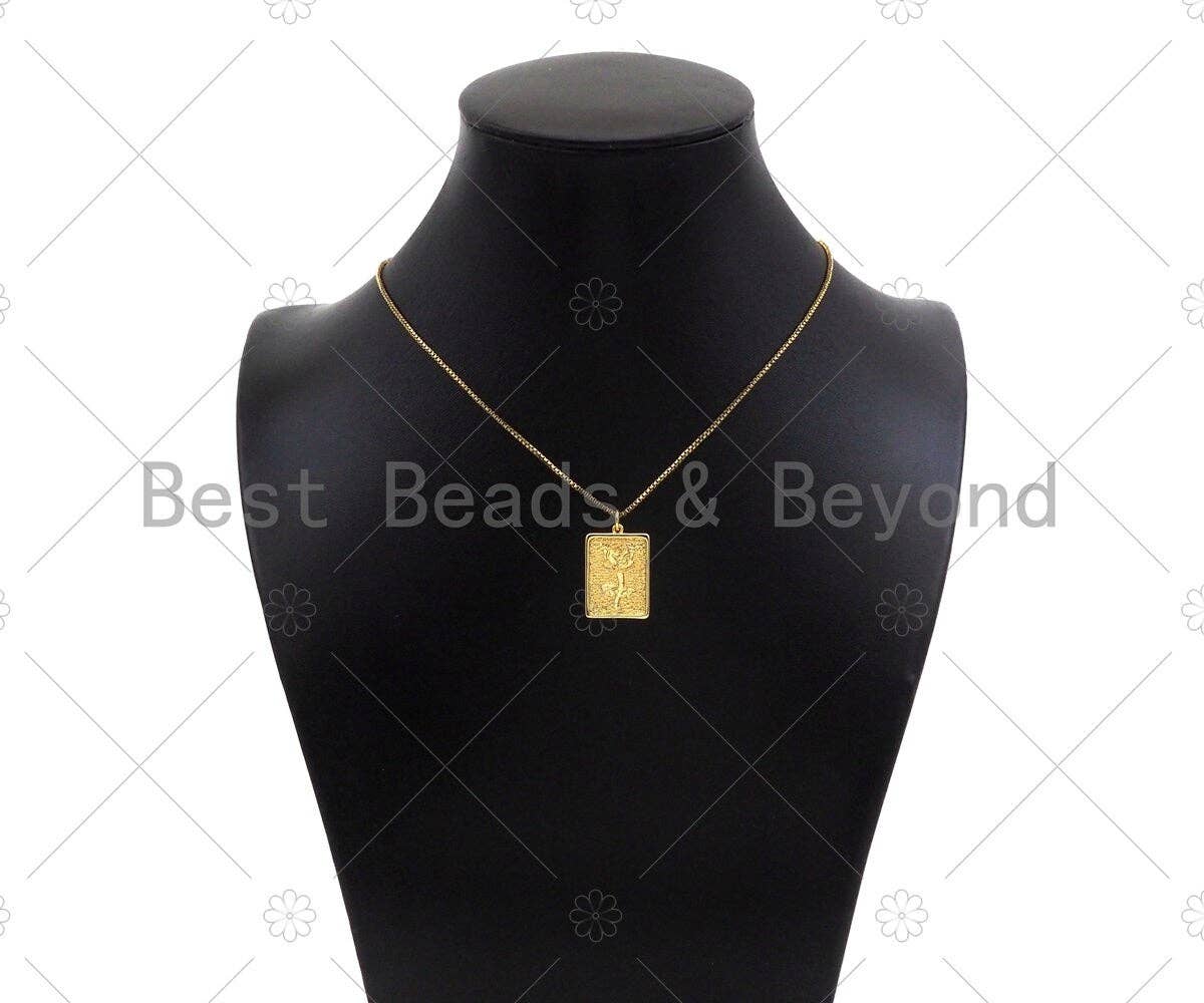 Gold Filled Rose Flower On Rectangle Shape Pendant, 18K Gold Filled Medallion Charm, Necklace Bracelet Charm Pendant,15x22mm,Sku#F1398