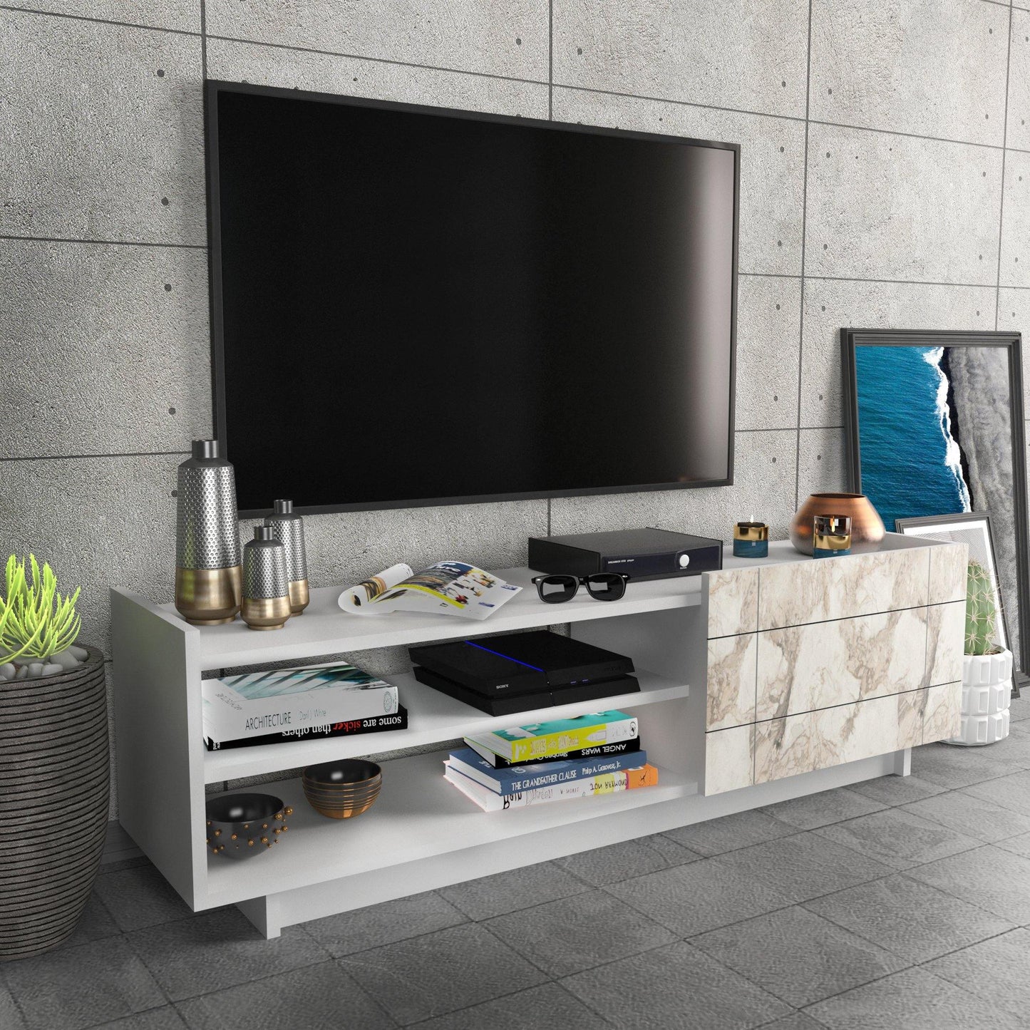 Valantina 55” Wide TV Stand & Media Console with A Cabinet & Shelves for TVs up to 63"