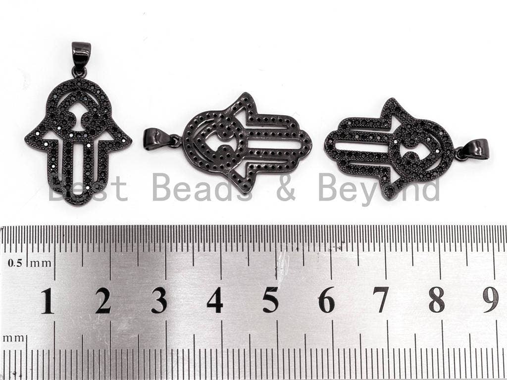 Black CZ Pave On Black Micro Pave Hamsa Hand Pendant/Charm,Cubic Zirconia Pendant,Fashion Jewelry Findings, 20x27mm, sku#F380