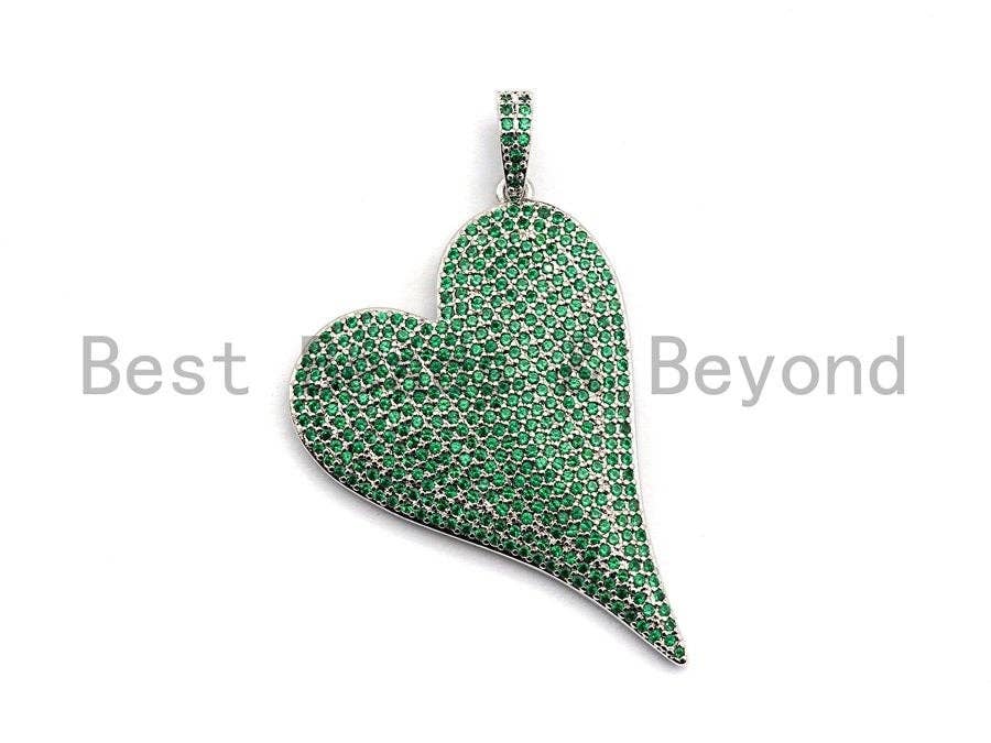 CZ Green Micro Pave Large Heart Pendant, Heart Shaped Pave Pendant, Gold/Rose Gold/Silver/Gunmetal plated, 30x41mm, Sku#X53