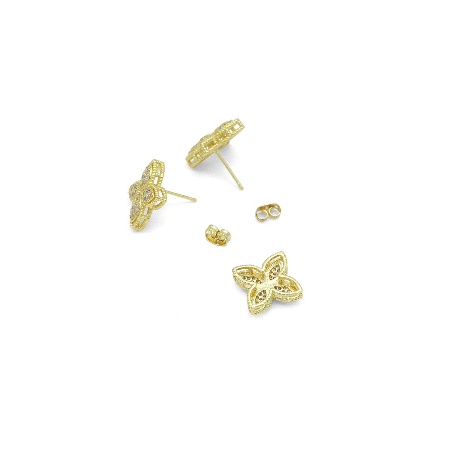 Gold Clear CZ Flower Stud Earrings pendant Charm set, Sku#LK1019