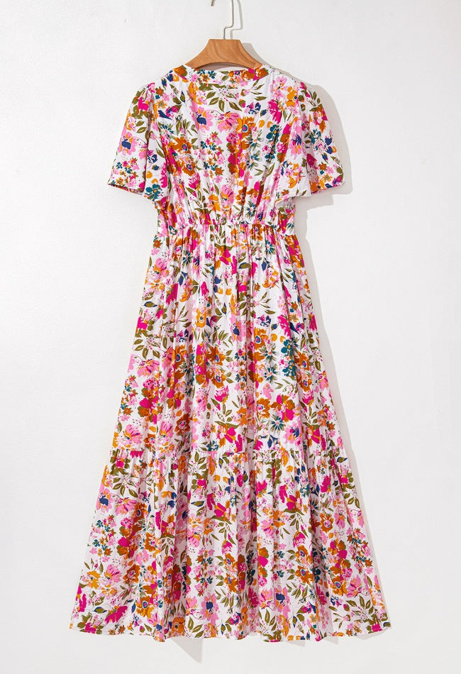 Floral Short Sleeve V Neck Dress with Pockets