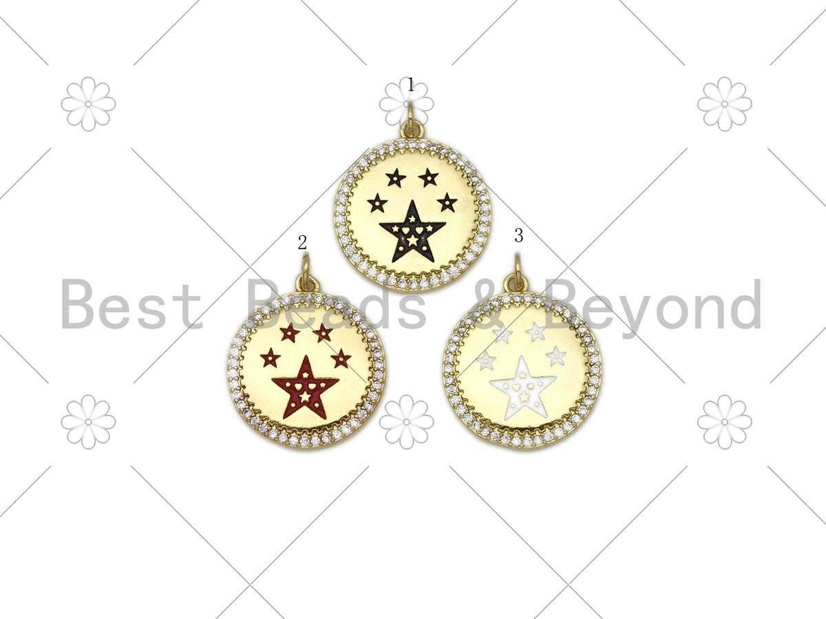 Colorful Enamel Five Point Star On Round Coin Pendant,18K Gold Filled CZ Micro Pave Medallion Charm,Enamel Star Jewelry,20x23mm,Sku#LK395