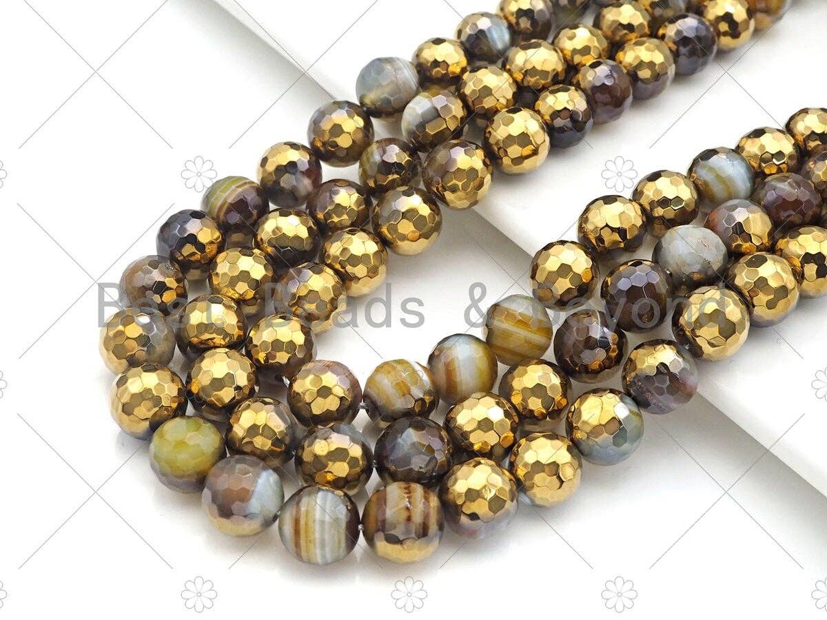 Half Gold Plated Brown Agate Beads, 8mm/10mm/12mm Round Faceted Gold Brown Banded Agate Beads, 15.5 Full Strand, sku# UA138