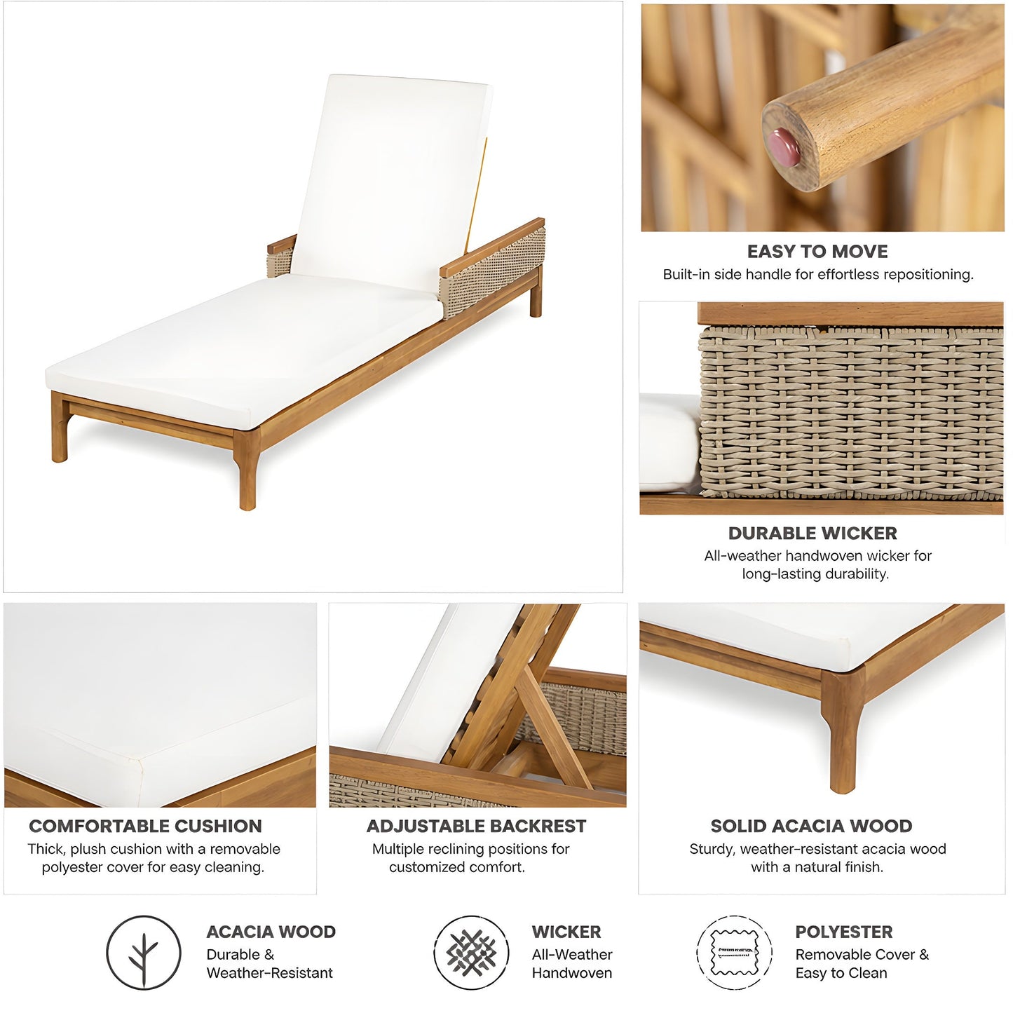 76.8" Solid Acacia Wood Sun Chaise Lounger Set of 2