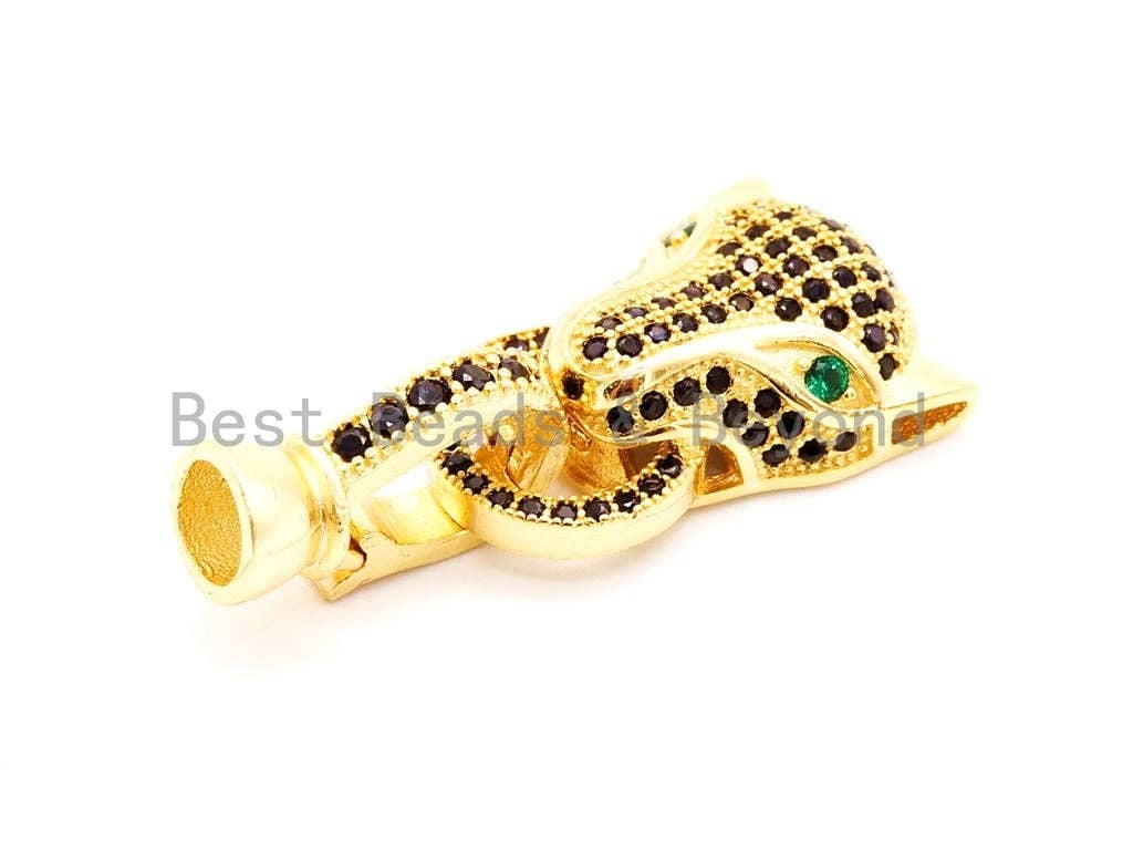 CZ Micro Pave Panther Leopard Head with Green Eye Buckle Clasp, Black Rhodium Plated Cubic Zirconia Clasp,31x13mm, sku#H34