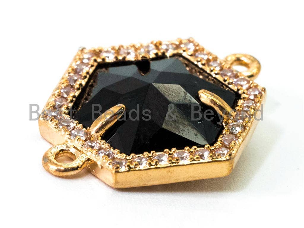 Hexagon Bezel Connector with Faceted Glass, Gold Plated CZ Micro Pave Frame Connector, Black/Green/Purple/Smoke, 14x18mm, sku#A78