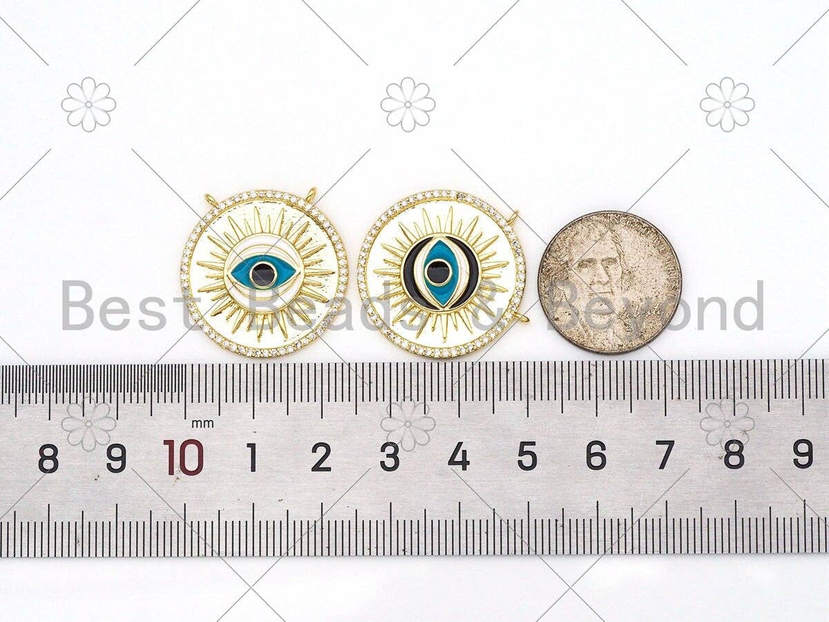 Turquiose Enamel Evil Eye On Round Coin Pendant,18K Gold Filled CZ Micro Pave Evil Eye Charm,Necklace Bracelet Charm, 25mm,Sku#LK432