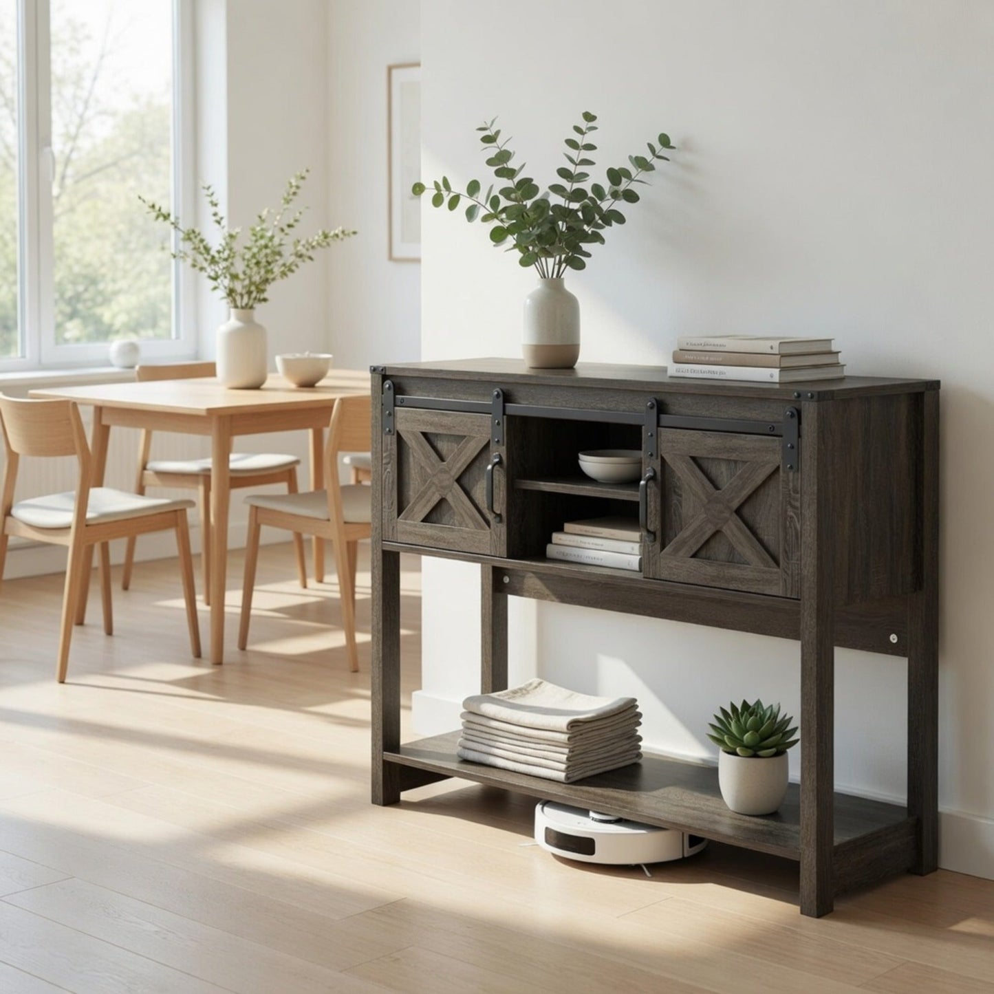 46" Modern Farmhouse Entryway Table with Storage & Sliding Barn Door, Dark