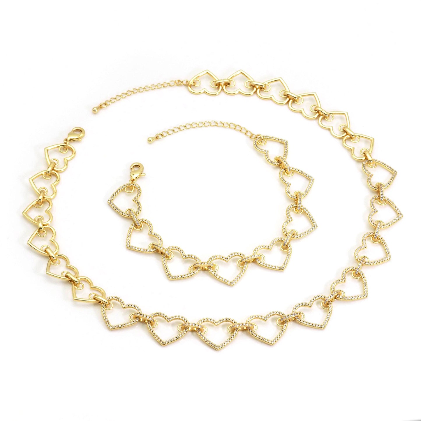 Clear CZ Gold Heart Link Chain Adjustable Necklace,sku#LX237
