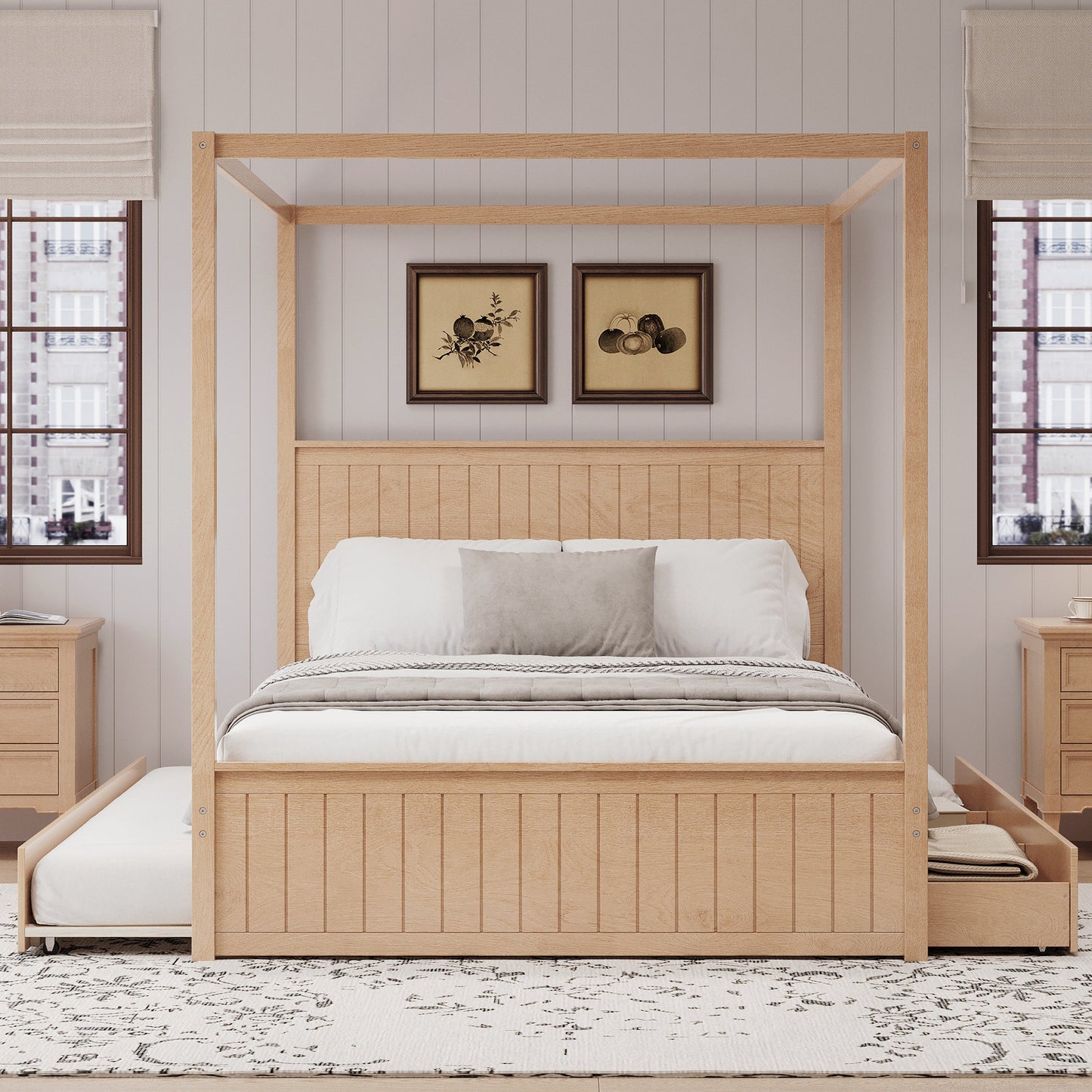 Queen Size Canopy Bed with Trundle and Storage