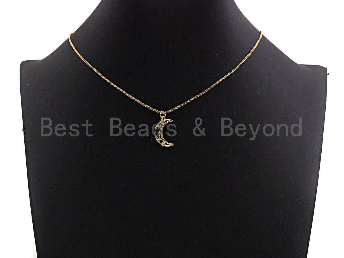 Crescent Moon North Star Hollow Out Pendant, Cubic Zirconia Pendant, Silver/Gold Tone,12x19mm, Sku#Z486