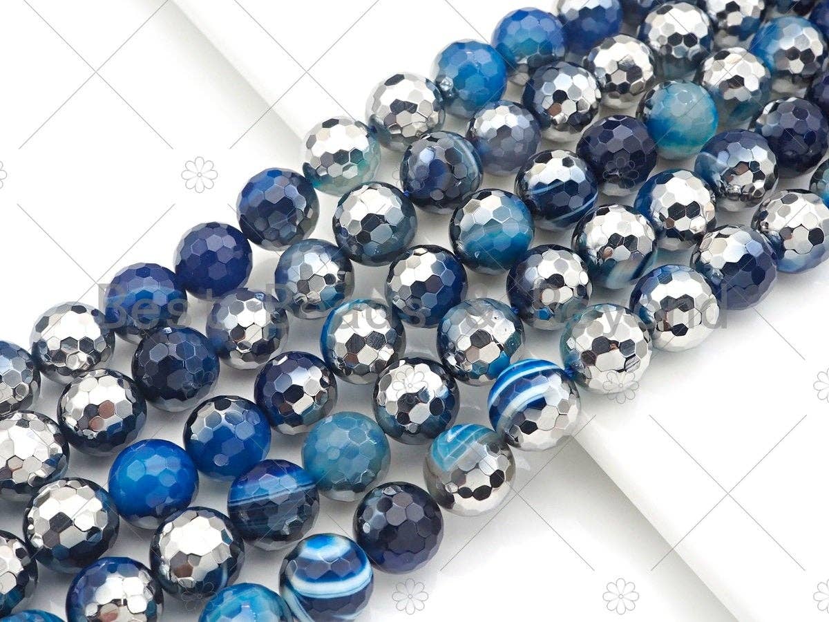Natural Half Silver Plated Blue Agate Beads, 8mm/10mm/12mm R