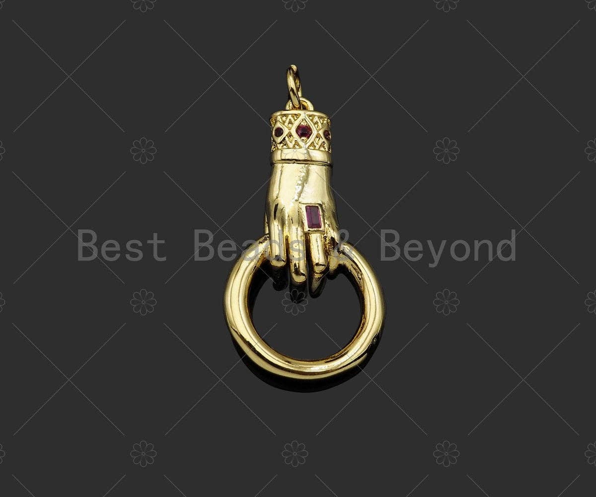 Gold Filled Fuchsia CZ Micro Pave Hand Grabing Round Ring Shape Pendant,18K Gold Filled Charm, Necklace Bracelet Pendant, 28x15mm,Sku#Z1369