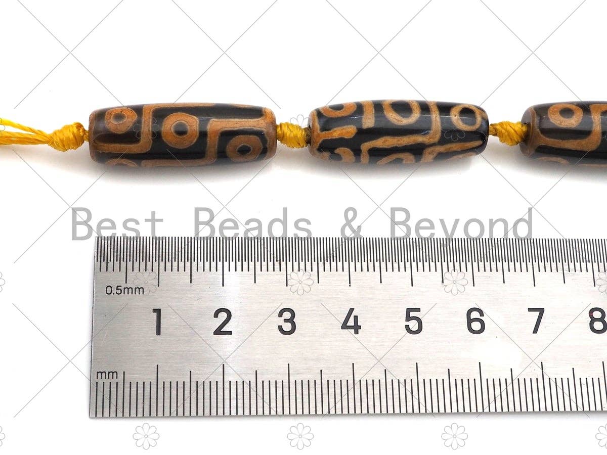 Natural Tibetan Agate Barrel Beads, Yellow Black Dzi Drum Beads, Tibetan Dzi Beads, 10x30mm, Sku#U1041