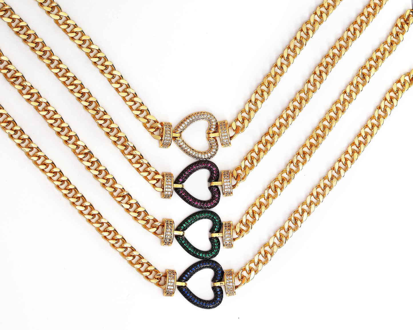 Gold Cuban Chain Heart Necklace, sku#CL18